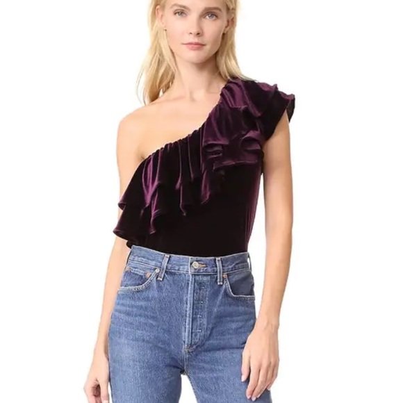 MISA Ruffle One-shoulder Velvet Top In Plum Velvet - Picture 3 of 8